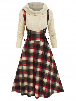 Casual Women Off The Shoulder Lace Up Plaid 2 In 1 Dress