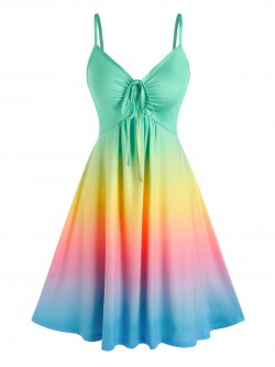 Casual Women Cinched Rainbow Color Ombre Slip Dress Spaghetti Strap