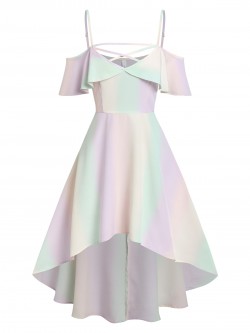 Elegant Vacation Dress Women Cold Shoulder Colorful High Low Dress