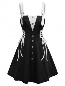 Mock Button Buckle Strap Lace-up Twofer Dress Mini Faux Twinset 2 In 1