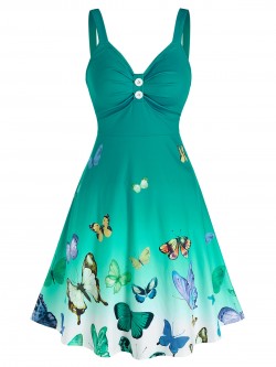 Colorful Butterfly Print Ruched Dress Sleeveless V Neck
