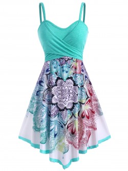 Plus Size Bohemian Women Casual Flower Crossover Sleeveless Dress Spaghetti Strap