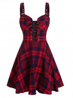 Plus Size Casual Plaid Print Lace-Up Front Buckle Strap Dress
