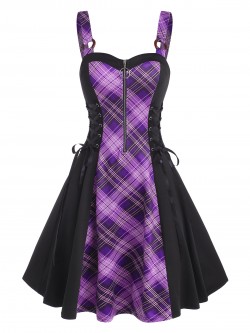 Vintage Gothic Dress O Ring Plaid Half Zip Lace Up Dress Sleeveless