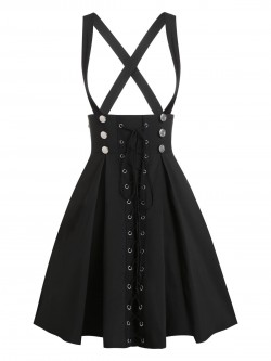 Black Casual Gothic Lace Up Button A Line Skirt