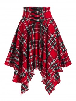 Red Casual Plaid Print Lace-Up Handkerchief Layered Skirt