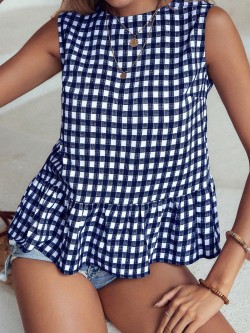 Gingham Ruffle Hem Sleeveless Blouse Peplum Top