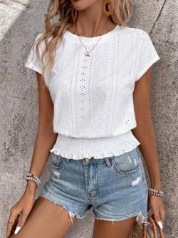 Crewneck Textured Fabric Waist Cinched T-Shirt