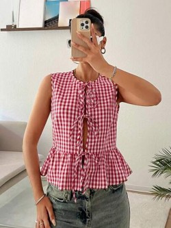 Red Plaid Sleeveless Casual Shirt With Ruffle Hem,Sleeveless Tops Valentine's Day