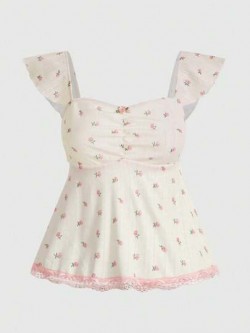 Kawaii Floral Print Ruched Bust Lace Trim Babydoll Top, School